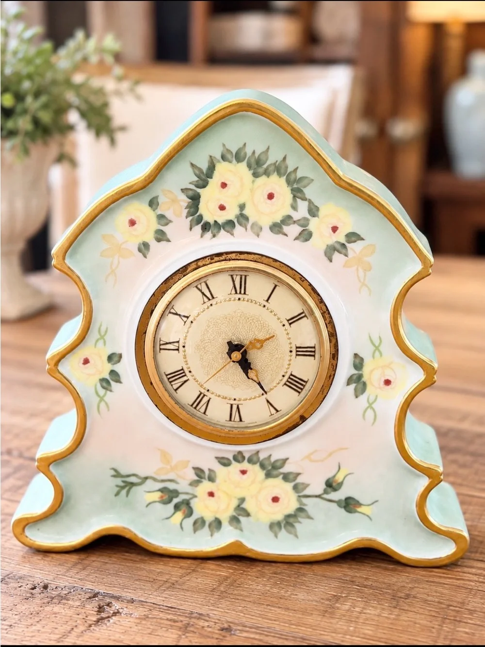 Vintage Floral Porcelain Mantle Clock. Signed | 1950’s 1960’s | Shabby Chic
